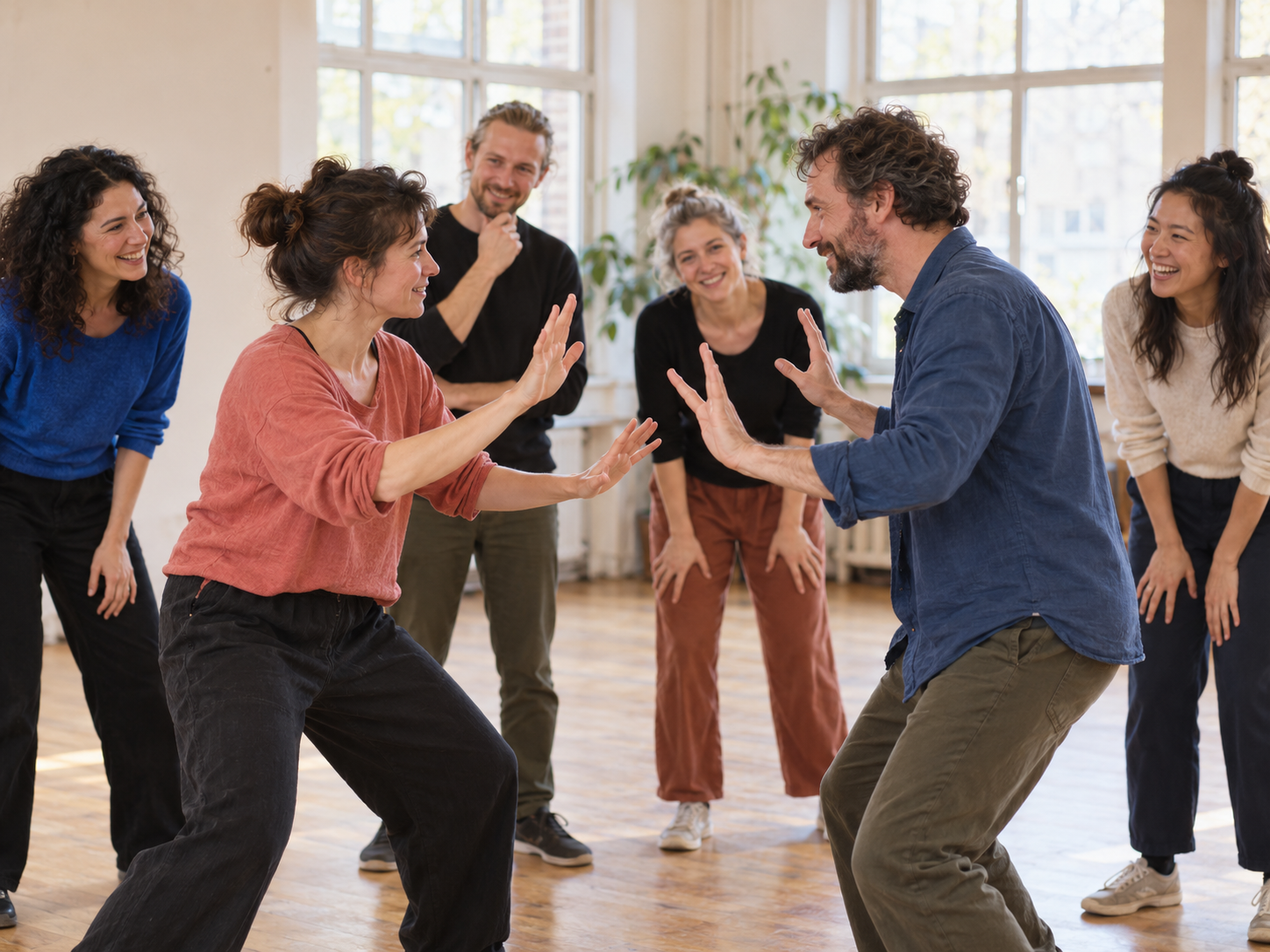 Volwassenen die staand een improvisatieoefening doen